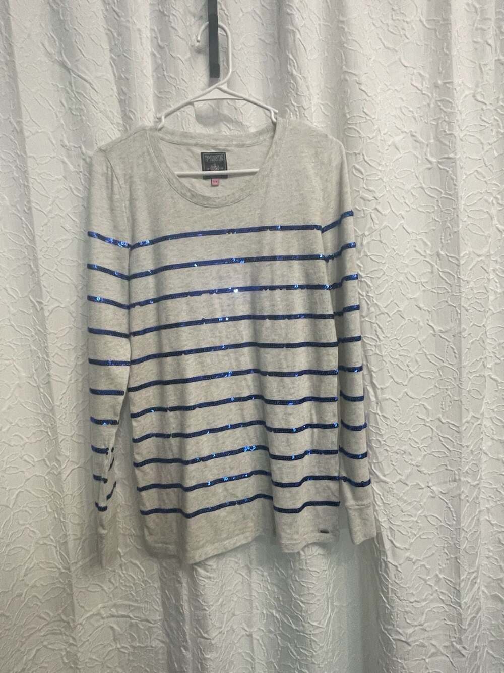 Pink Victoria's Secret Long Sleeve Size L Grey Sequin Striped Top Shirt